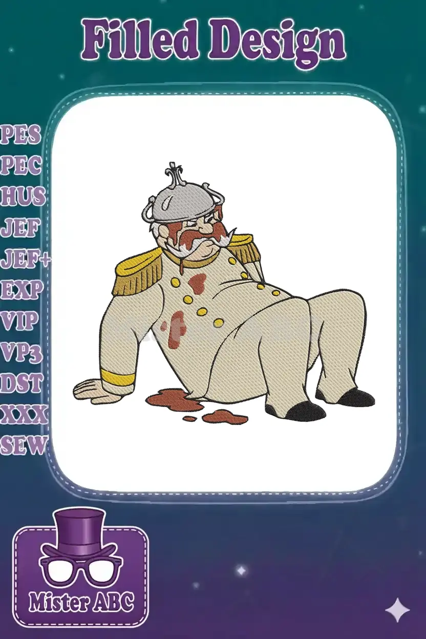 Full-color embroidery of a cartoon general with a Pickelhaube helmet, wounded and sitting with blood stains.