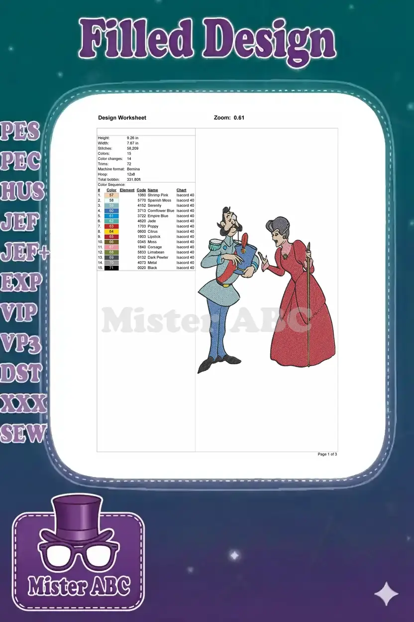 A detailed embroidery design worksheet showing technical specifications and color sequence for the design.