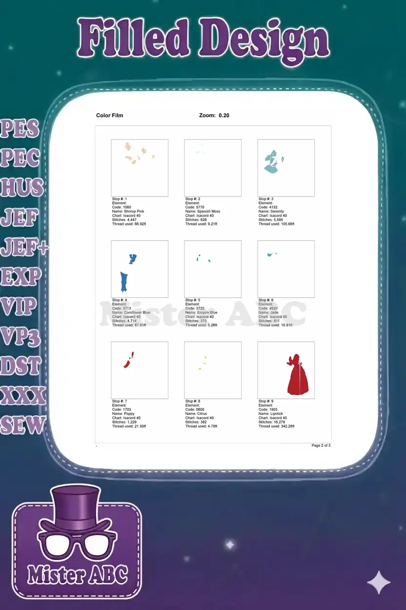 Page 1 of a color film document, illustrating the first nine color stops of the embroidery design.