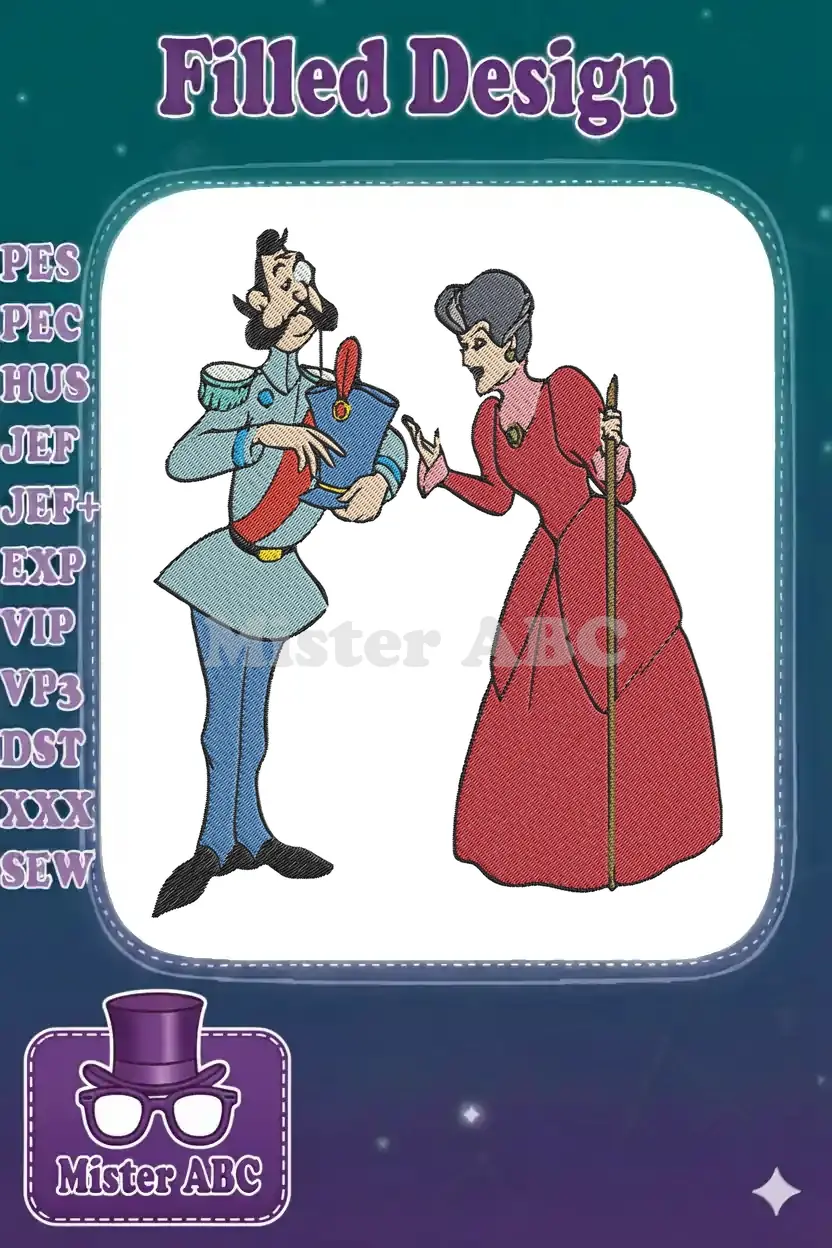 An embroidery design of Disney's Grand Duke holding a hat and an angry Lady Tremaine, facing each other.