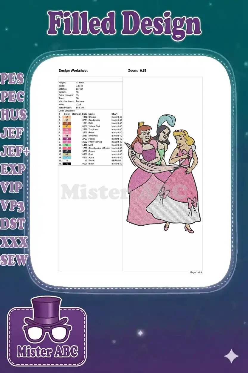 Detailed embroidery design worksheet showing dimensions, stitch count, color chart, and thread names for the design.