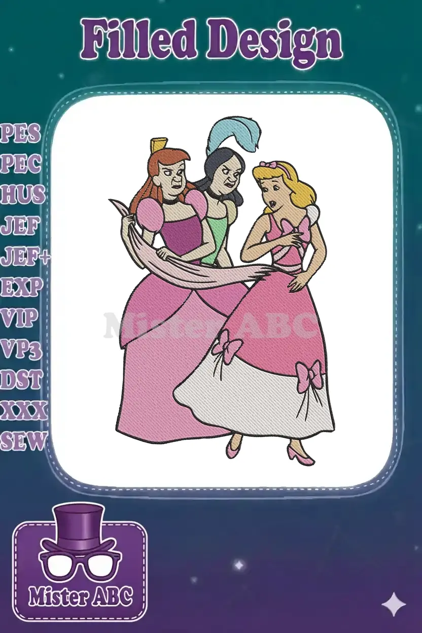 Vibrant embroidery design featuring Cinderella, Anastasia, and Drizella in a dramatic, classic animated confrontation.