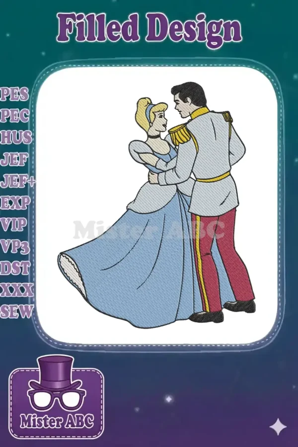 Cinderella and Prince Charming in an elegant dance embrace, perfect for fairytale-themed embroidery projects.