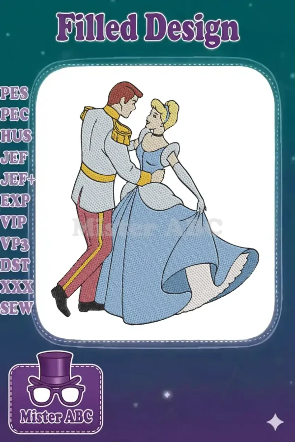 Embroidered design of Cinderella and Prince Charming in a graceful dance, featuring vibrant colors and satin stitch details.