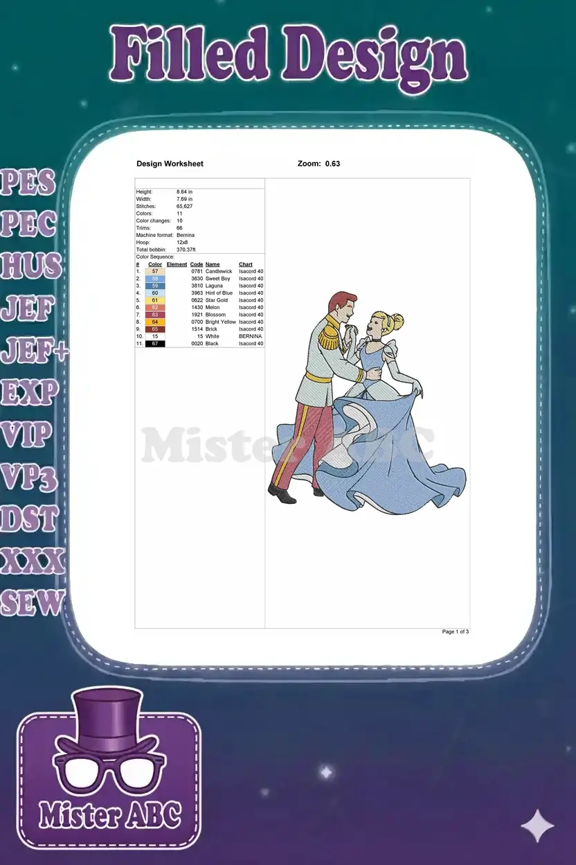 Embroidery design worksheet detailing dimensions, stitch count, color sequence, and thread chart for precision.