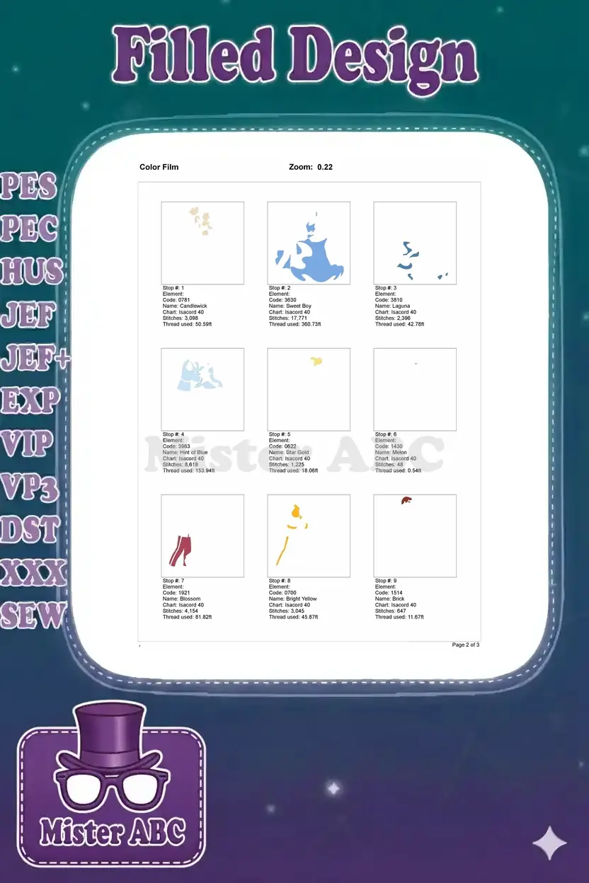 Color film breakdown, page one, showing the first nine embroidery color stops with stitch counts and thread usage.