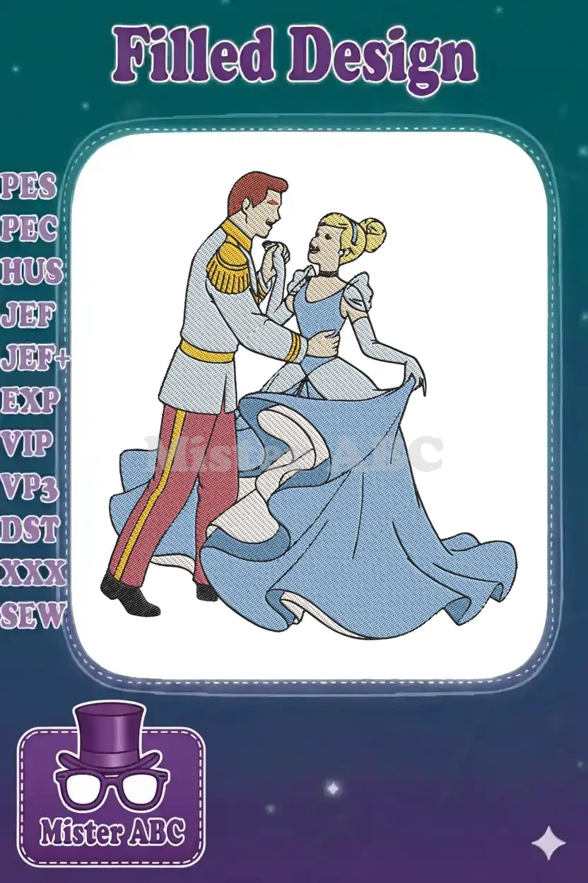 Embroidered design of Cinderella in a blue ball gown and Prince Charming dancing gracefully, full of fairy tale charm.
