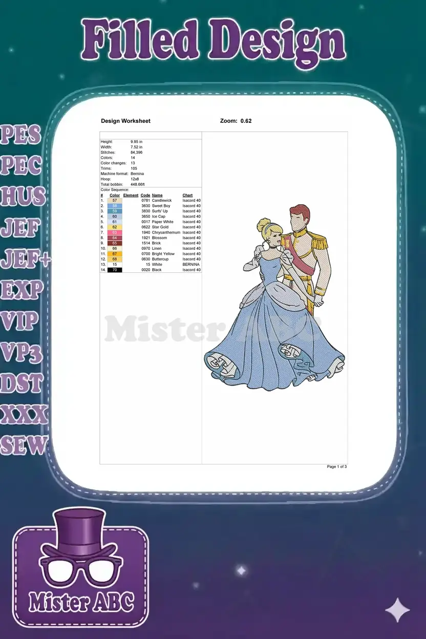A detailed design worksheet displaying embroidery specifications: dimensions, stitch count, 14 colors, and thread types.