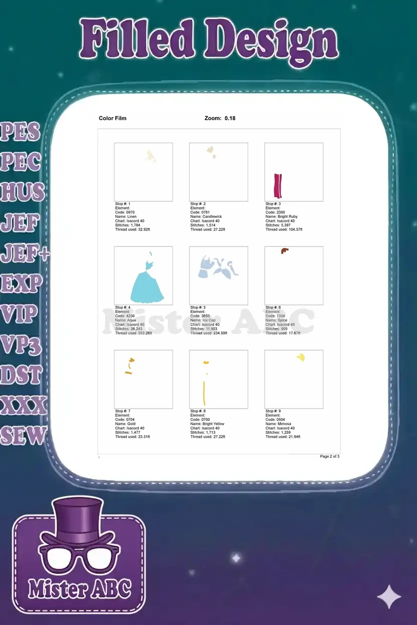 First page of the Color Film document, showing embroidery color stops 1-9 with thread details and visual steps.
