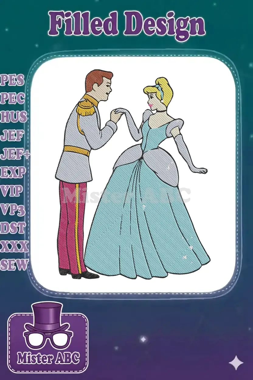 Full color embroidery of Cinderella and Prince Charming, with the prince kissing her hand in a loving gesture.
