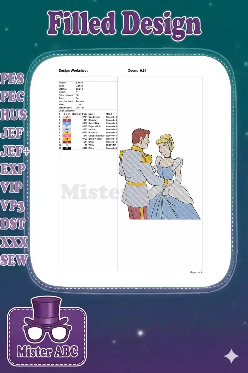 Detailed embroidery design worksheet showing dimensions, stitch count, color palette, and machine specifications.