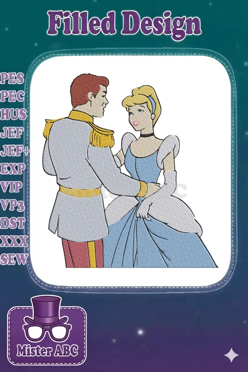 Embroidery design of Cinderella and Prince Charming in a tender dance, capturing their iconic fairy tale romance.