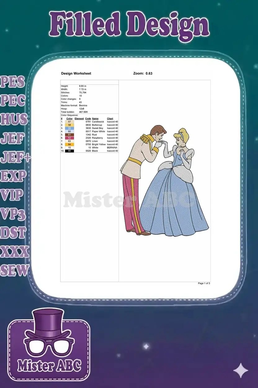 Embroidery design worksheet detailing dimensions, stitch count, color sequence, and thread information for the pattern.