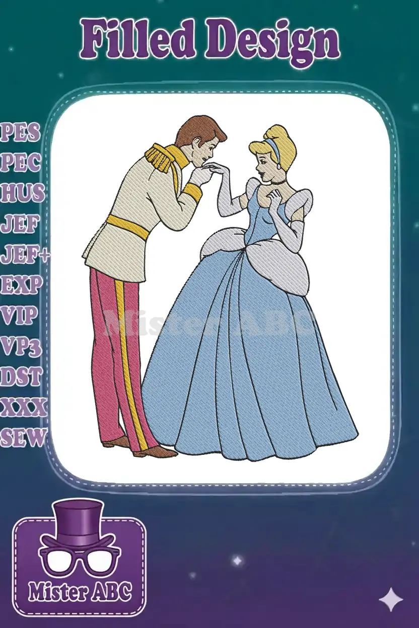 A detailed embroidery design of Prince Charming kissing Cinderella's hand, featuring rich colors and intricate stitching.