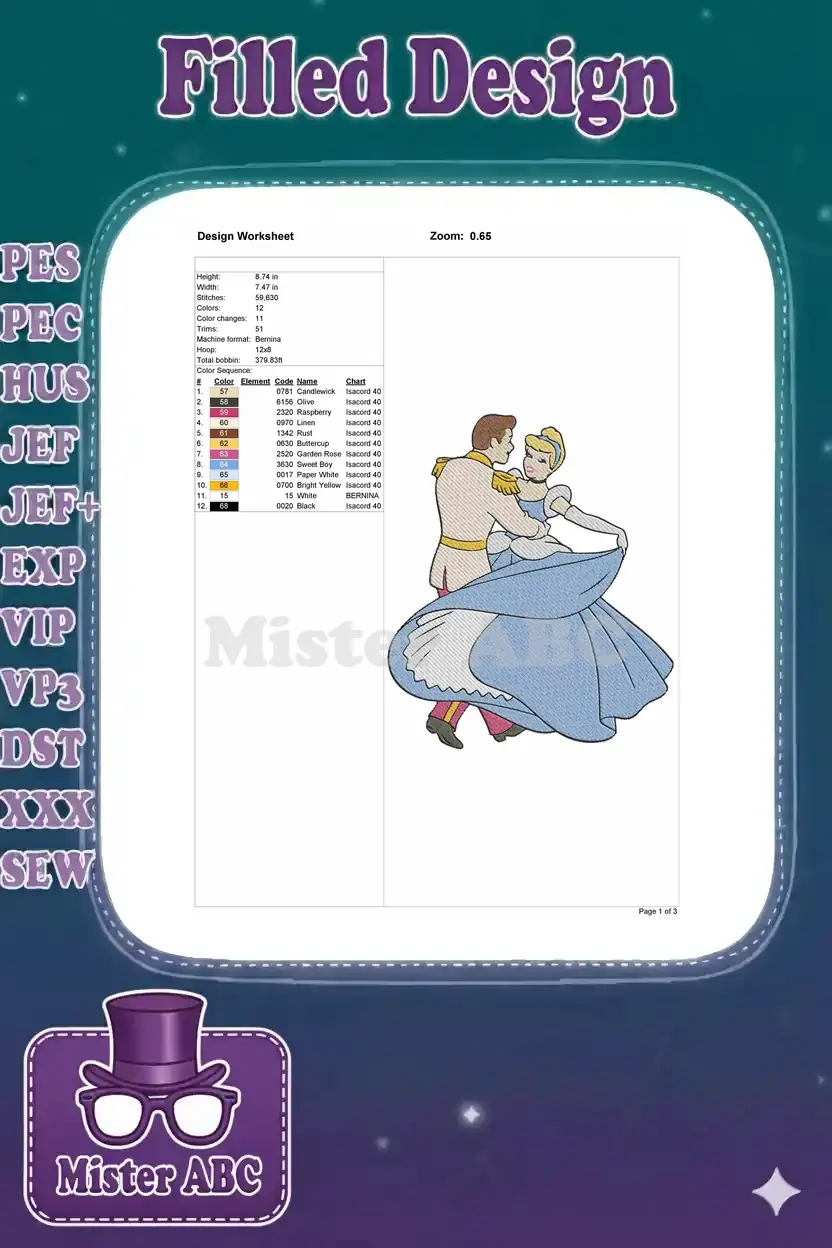 Detailed embroidery design worksheet showing dimensions, stitch count, color sequence, and a small preview of the design.