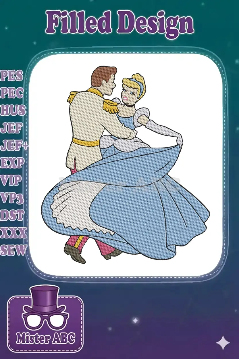 Full-color embroidery design of Cinderella and Prince Charming dancing gracefully, capturing a romantic fairytale moment.