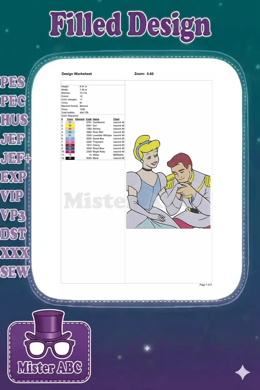 A comprehensive design worksheet displaying embroidery specifications, color chart, dimensions, and stitch count details.