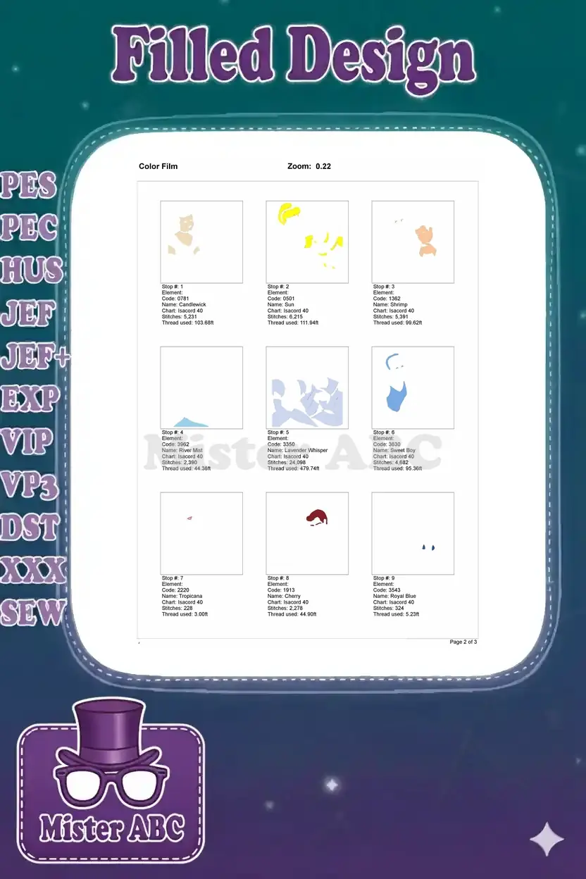 Page 1 of the color film, showing the first 9 individual color stops and their respective stitch patterns.