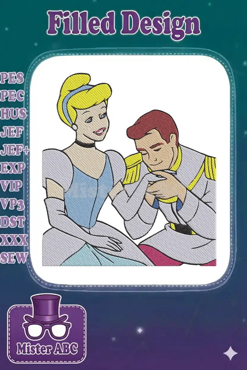 Cinderella and Prince Charming in a romantic embrace, with the Prince gently kissing her hand, a classic fairy tale scene.