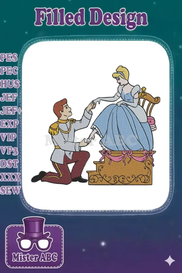 Cinderella and Prince Charming embroidery design, with him kneeling to help her try on the glass slipper.