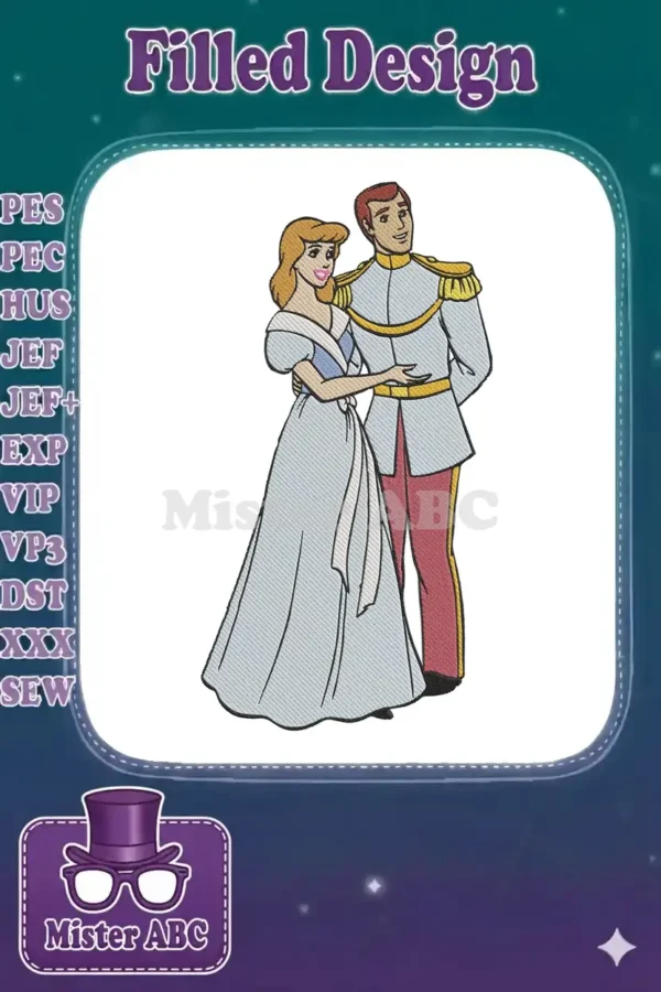 Elegant embroidery design of Cinderella and Prince Charming embracing, showcasing intricate stitch work and vibrant colors.