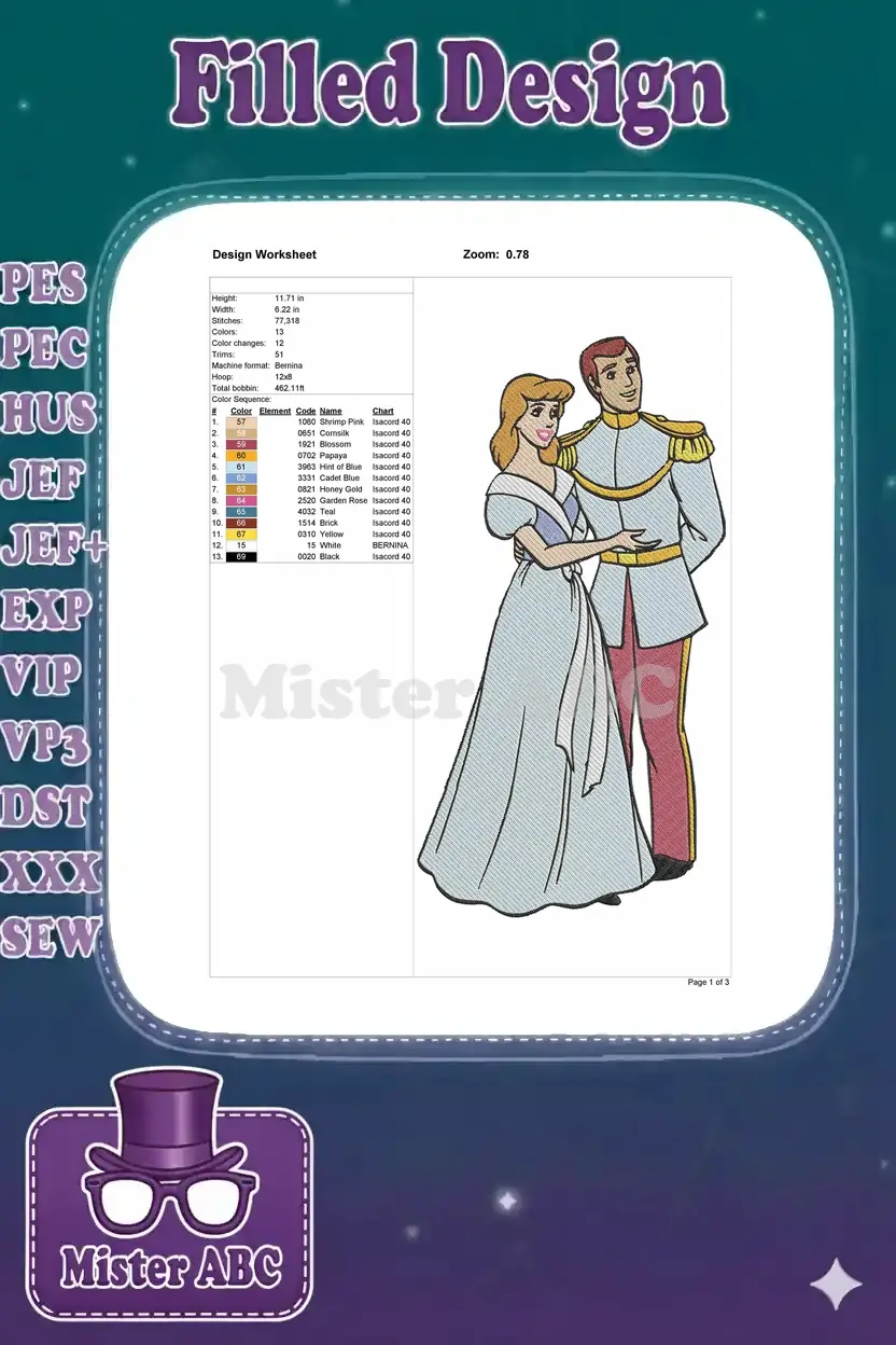 Embroidery design worksheet for Cinderella and Prince Charming, detailing dimensions, stitch count, and color sequence.