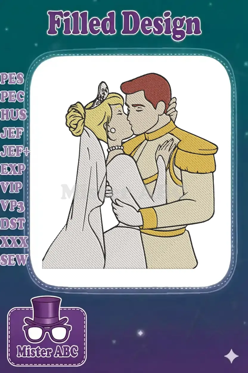 Embroidery design of a princess in a wedding gown kissing her prince in a regal uniform, symbolizing a happy ending.