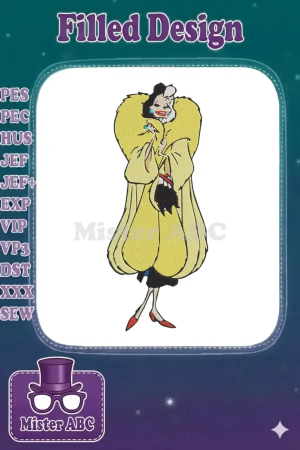 A vibrant embroidery design of Cruella de Vil in her striking yellow fur coat, with a mischievous expression.