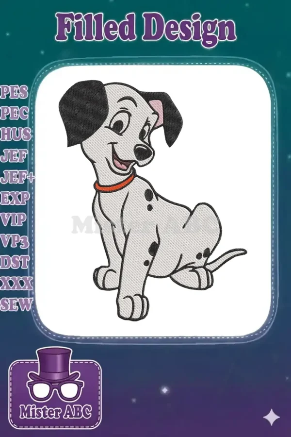A delightful embroidery design of a happy Dalmatian puppy, sitting and looking to the right with a red collar.
