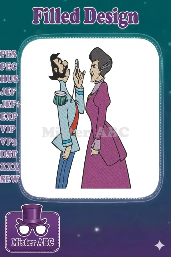 Embroidery design of Lady Tremaine and the Grand Duke from Disney's Cinderella, discussing the glass slipper.