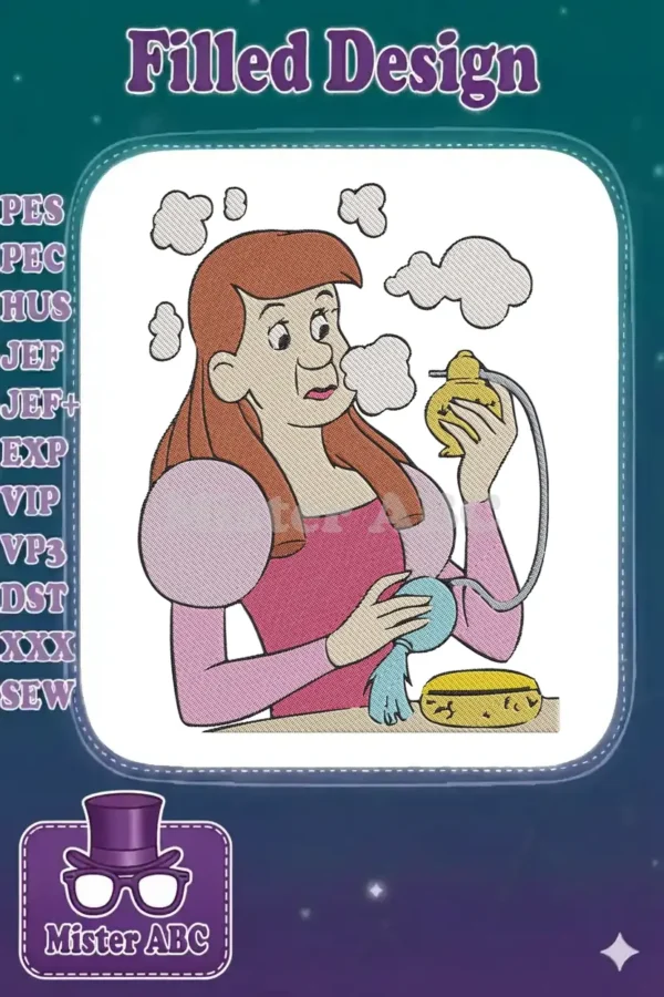 Lady Tremaine from Cinderella reacting comically to perfume, holding a spray bottle and looking displeased.