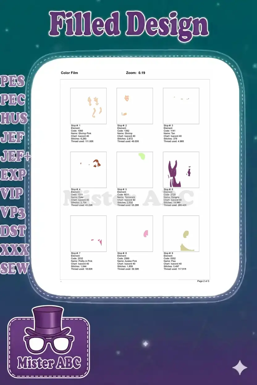 Color film page one, displaying the first nine individual color stops for the embroidery design with thread details.