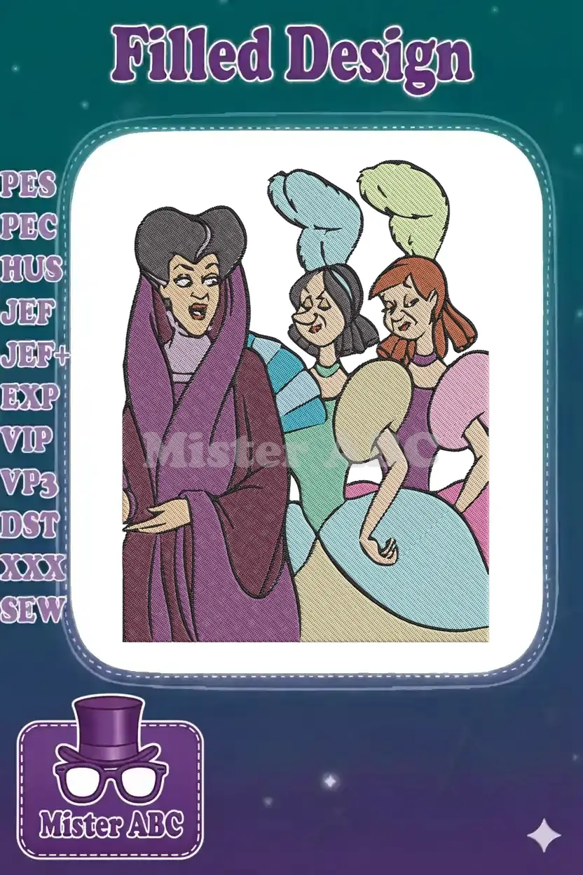 Lady Tremaine, Anastasia, and Drizella from Cinderella, depicted in a detailed, expressive embroidery design.