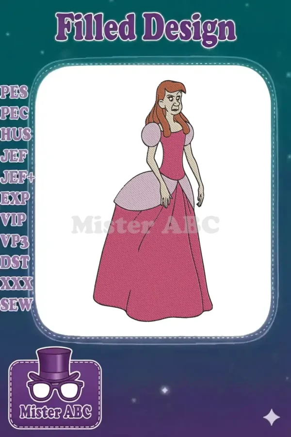 Embroidered design of Anastasia Tremaine from Cinderella, wearing a pink dress with a disgruntled expression. Perfect for fans.