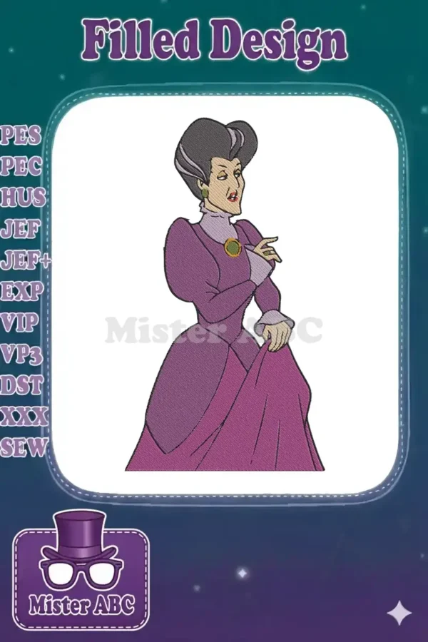 Full-color embroidery design of Lady Tremaine from Cinderella, featuring her signature purple dress and stern expression.