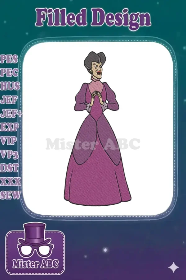 Full-body machine embroidery design of Lady Tremaine from Cinderella, featuring her iconic purple dress and stern expression.