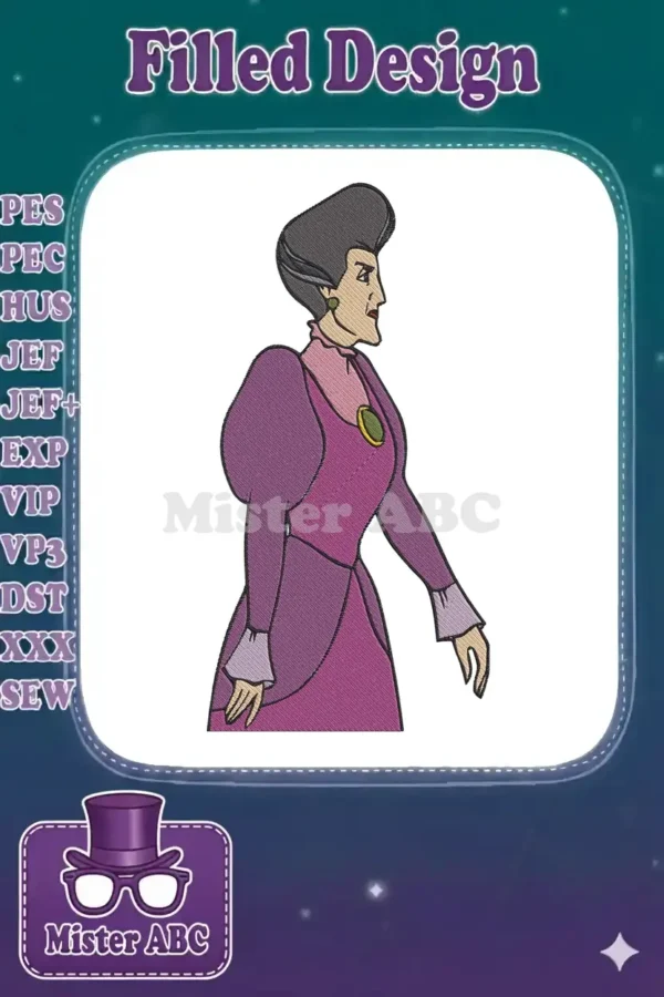 Detailed embroidery design of Lady Tremaine in profile, showcasing her iconic purple dress and stern expression.