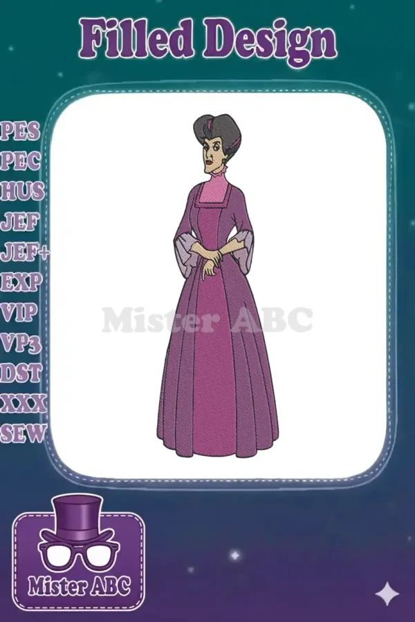 Full-body embroidery design of Lady Tremaine from Cinderella, featuring her stern expression and purple dress.