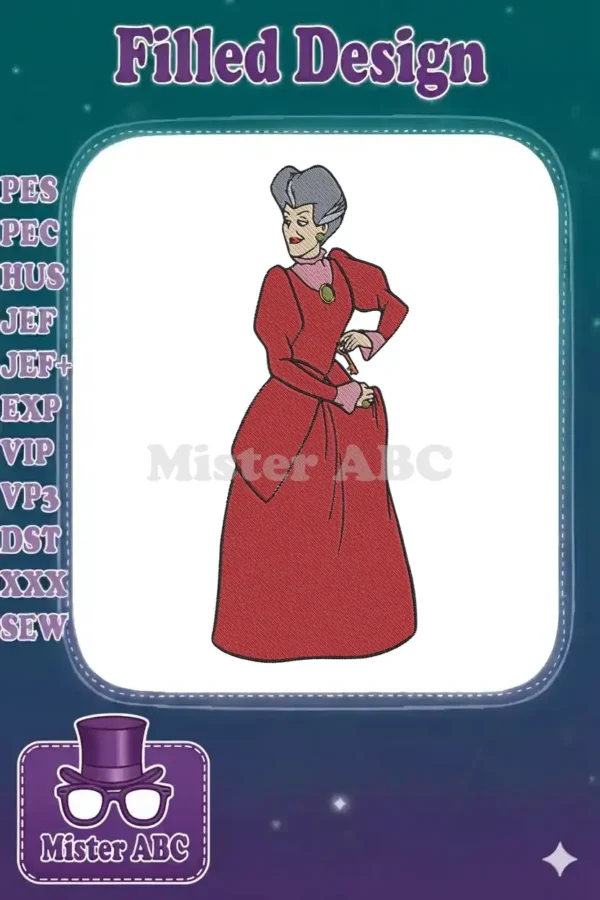 Full-body embroidery design of Lady Tremaine, Cinderella's stepmother, in a red dress with pink accents, holding a key.