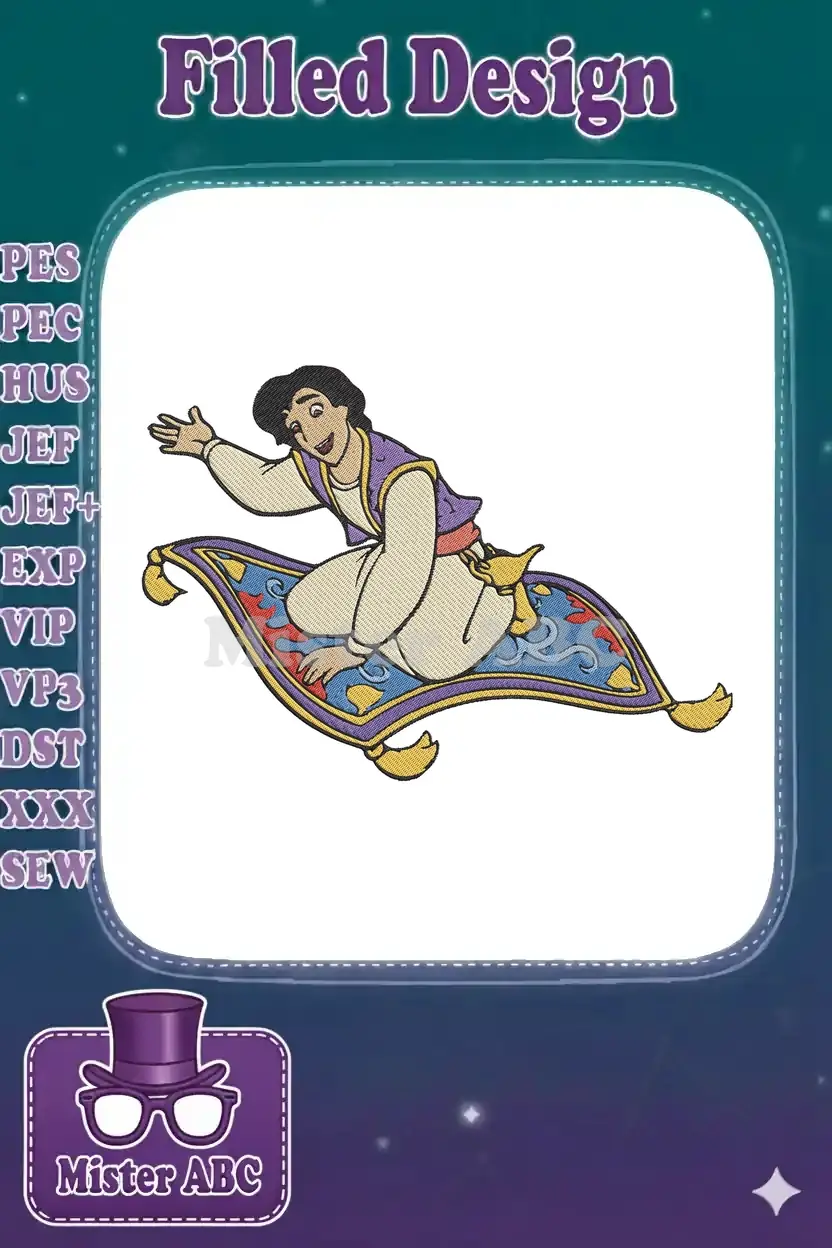 Vibrant embroidery of Aladdin soaring on his magic carpet, smiling and waving, a beloved Disney character design.