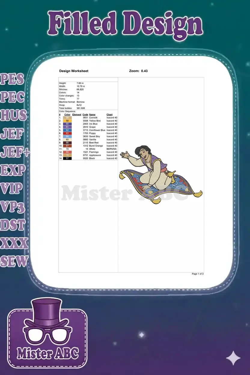 Comprehensive embroidery design worksheet for Aladdin on magic carpet, detailing stitches, colors, and machine specs.