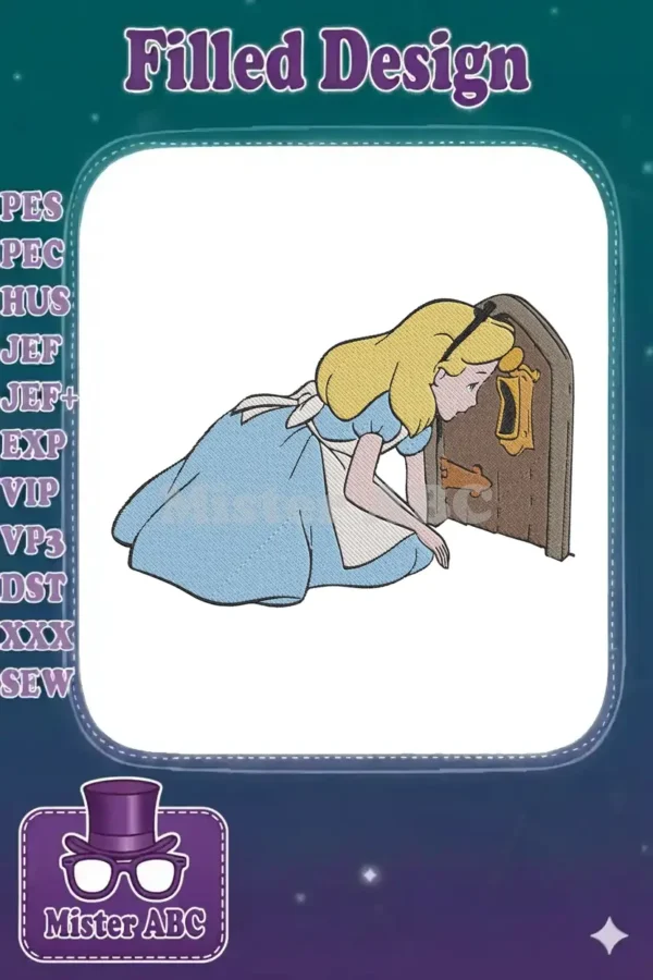 Alice in Wonderland embroidery, Alice kneeling and looking through a small golden keyhole in a brown door.