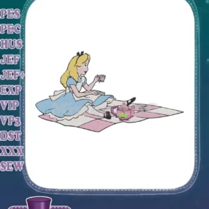 Embroidered Alice in Wonderland design showing Alice sitting on a pink and white checkered blanket, enjoying tea.