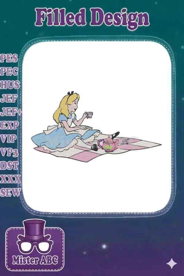 Embroidered Alice in Wonderland design showing Alice sitting on a pink and white checkered blanket, enjoying tea.