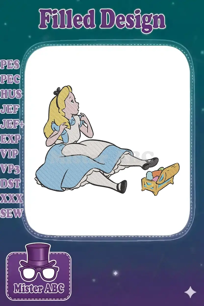 An embroidery design of Alice from Wonderland, sitting with a curious expression next to a small chest of treasures.