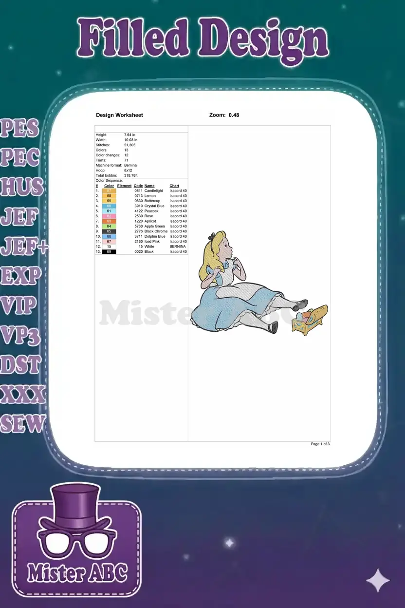 A detailed embroidery design worksheet for Alice, showing dimensions, thread colors, stitch count, and machine format.