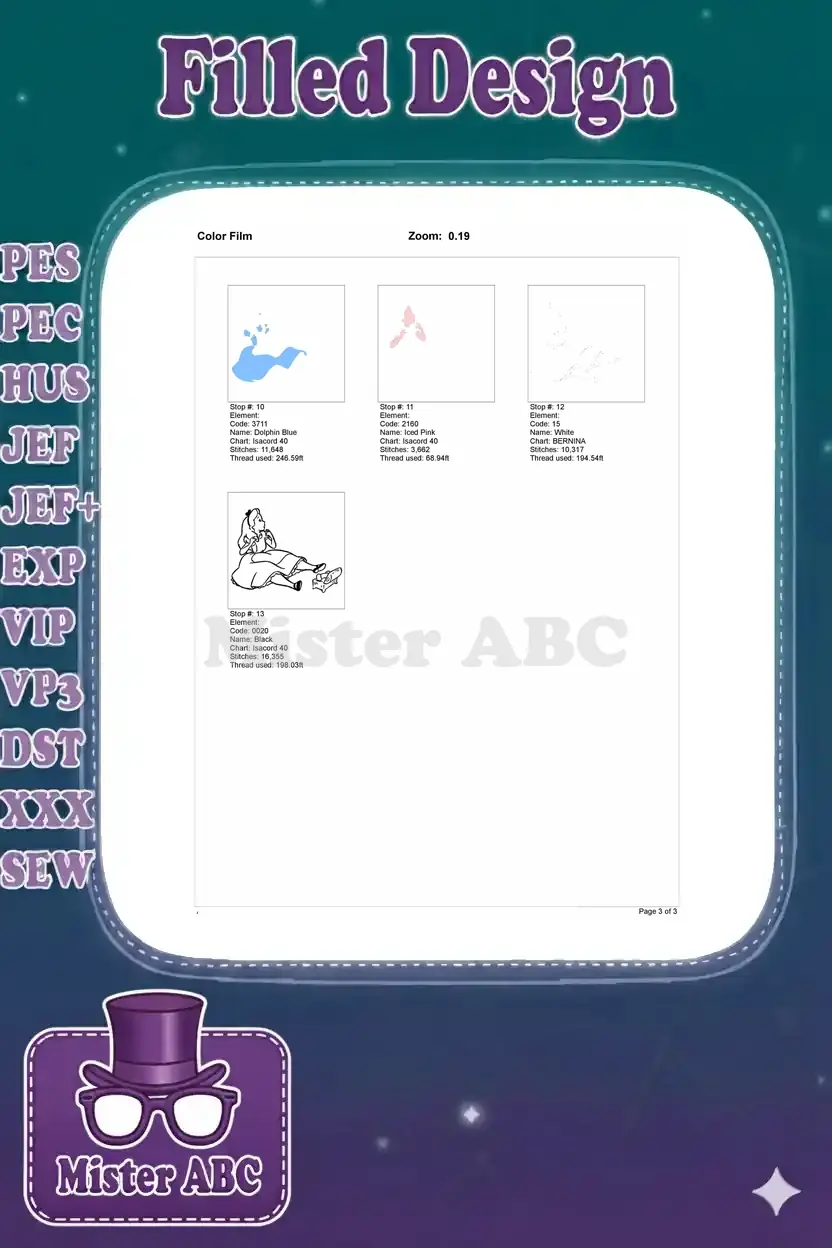 Second page of the embroidery color film, detailing the final 4 color stops and the complete design outline.