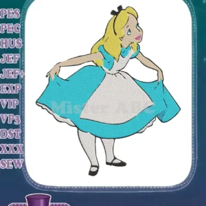 Embroidery design of Alice from Wonderland, in her blue dress, white apron, and black bow, posing.