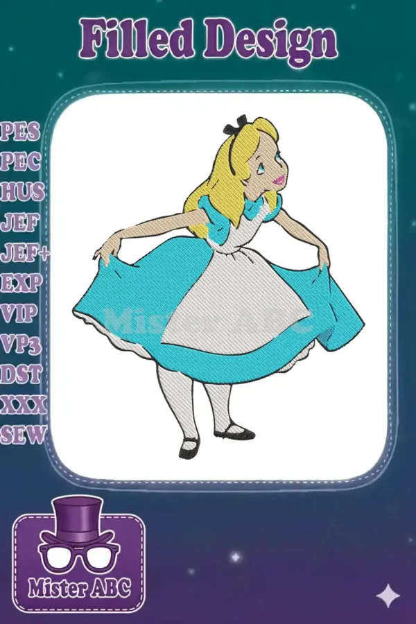 Embroidery design of Alice from Wonderland, in her blue dress, white apron, and black bow, posing.