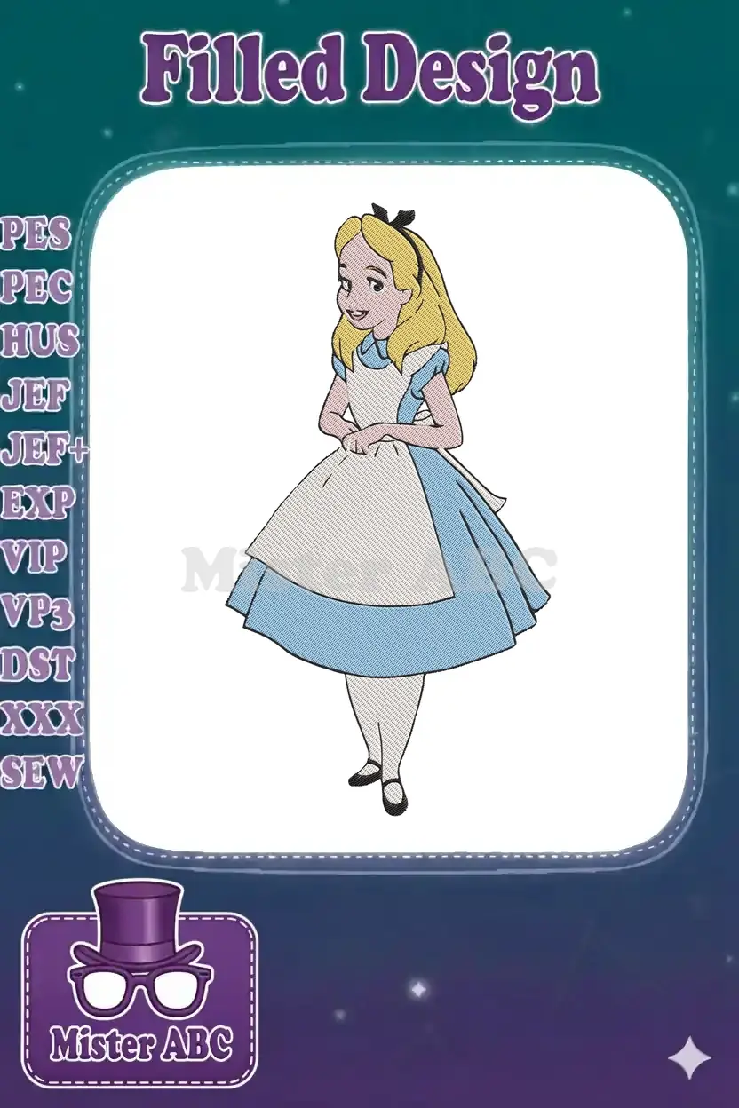 Full-body embroidery design of Alice from Wonderland, standing elegantly in her iconic blue dress and white apron.